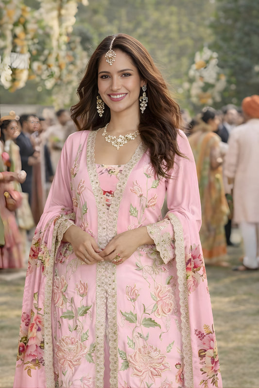 Lovely Pink Floral Printed Embroidered Silk Kurta Palazzo Set with Dupatta for Wedding