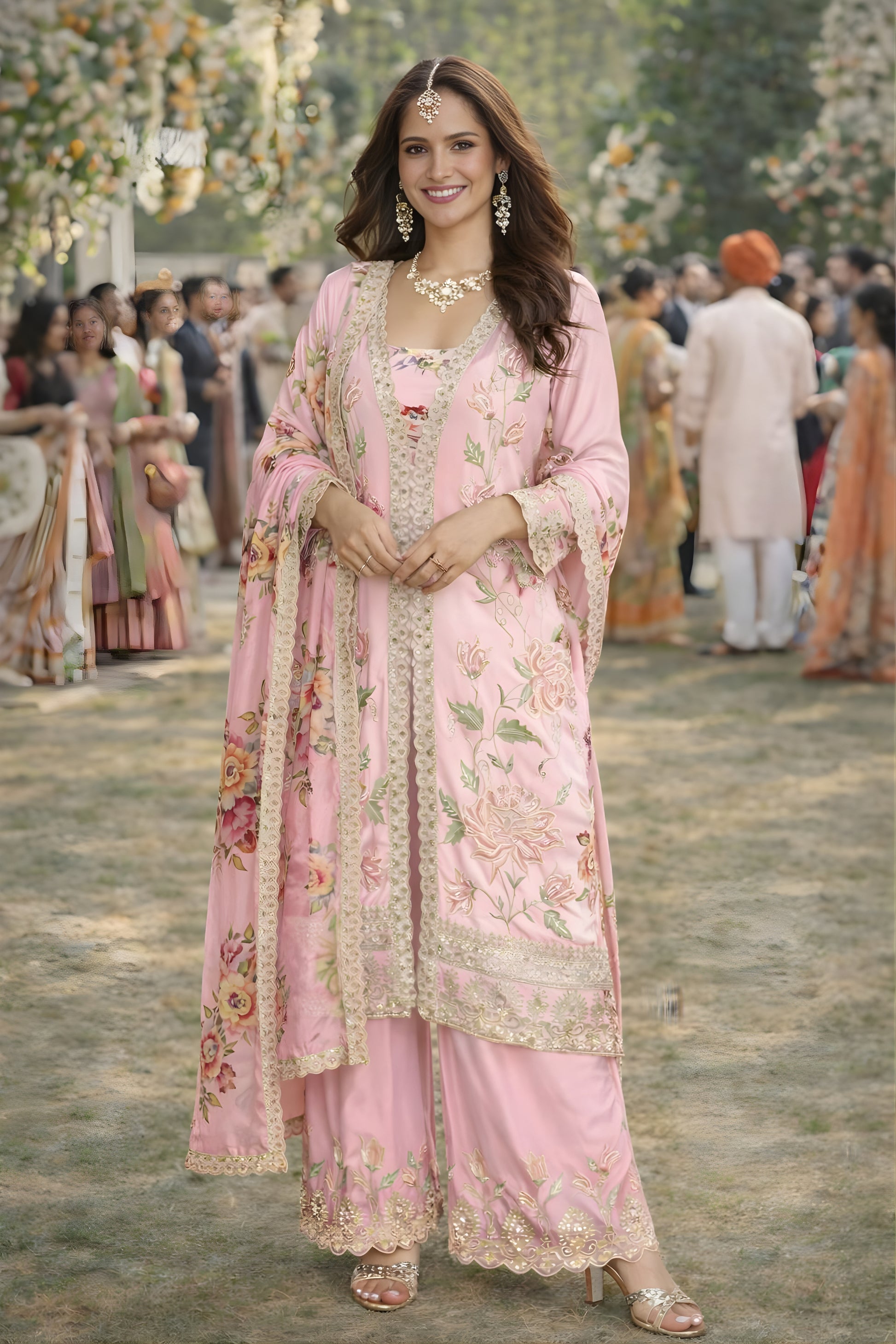 Lovely Pink Floral Printed Embroidered Silk Kurta Palazzo Set with Dupatta for Wedding