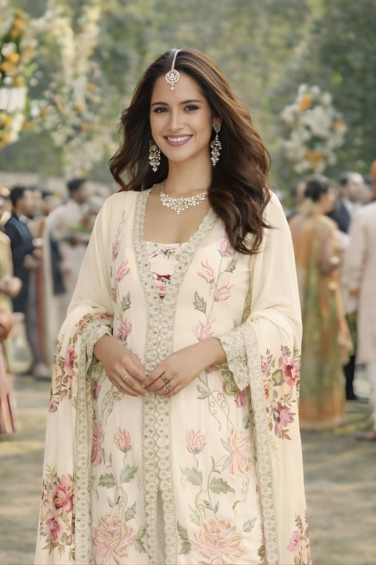 Stylish Off-White Floral Printed Embroidered Silk Kurta Palazzo Set with Dupatta for Wedding