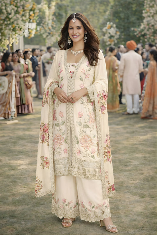 Stylish Off-White Floral Printed Embroidered Silk Kurta Palazzo Set with Dupatta for Wedding