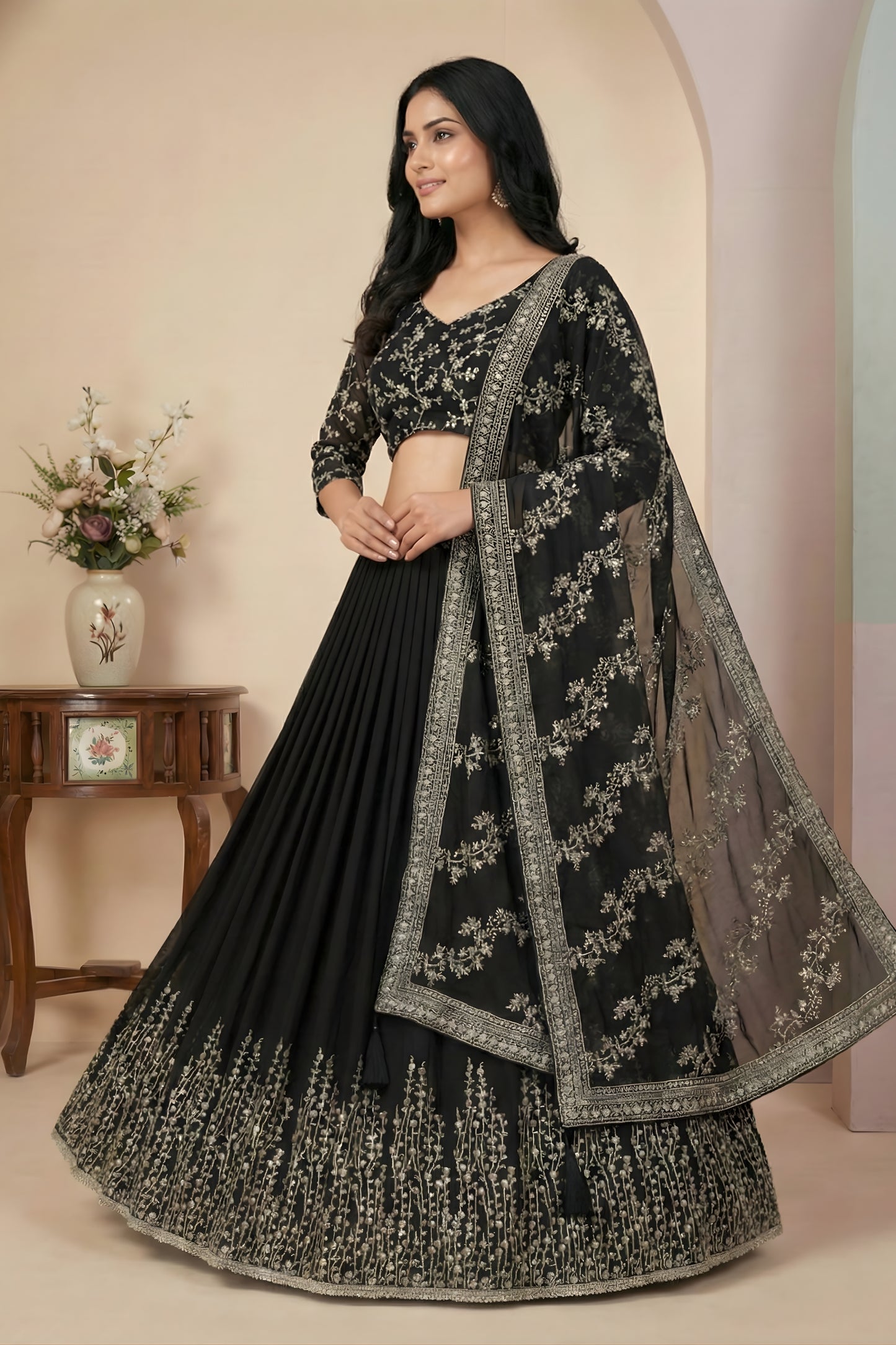 Elegant Black Faux Georgette Embroidered Lehenga Choli with Dupatta for Wedding
