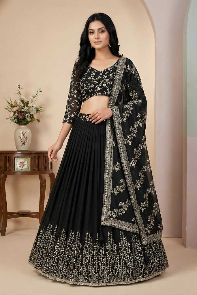 Elegant Black Faux Georgette Embroidered Lehenga Choli with Dupatta for Wedding