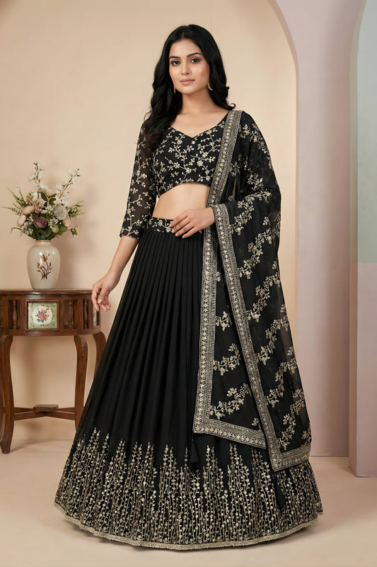 Elegant Black Faux Georgette Embroidered Lehenga Choli with Dupatta for Wedding