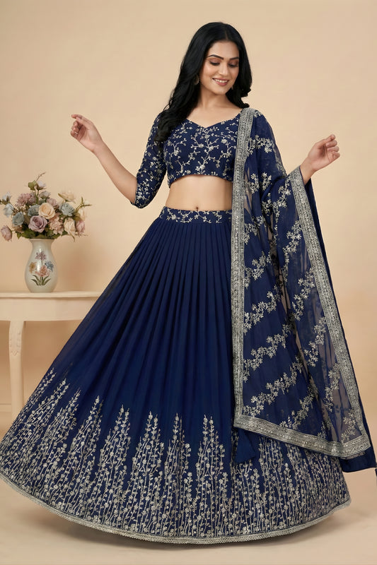 Royal Navy Blue Faux Georgette Embroidered Lehenga Choli with Dupatta for Wedding