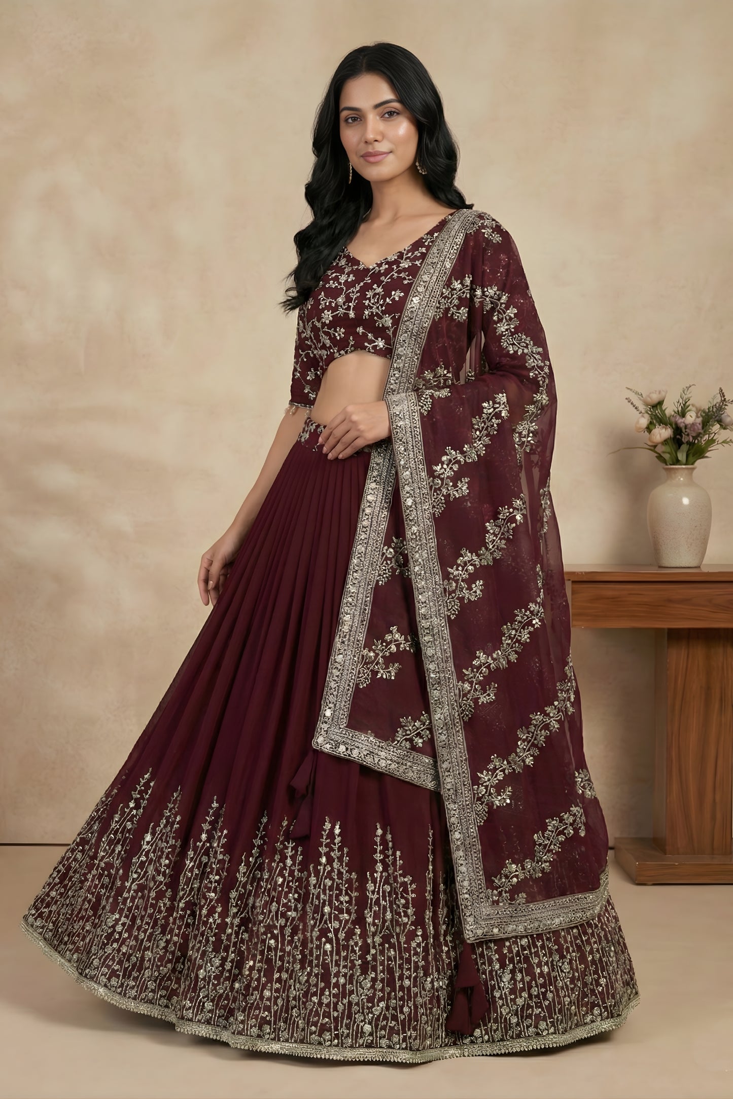 Elegant Maroon Faux Georgette Embroidered Lehenga Choli with Dupatta for Wedding