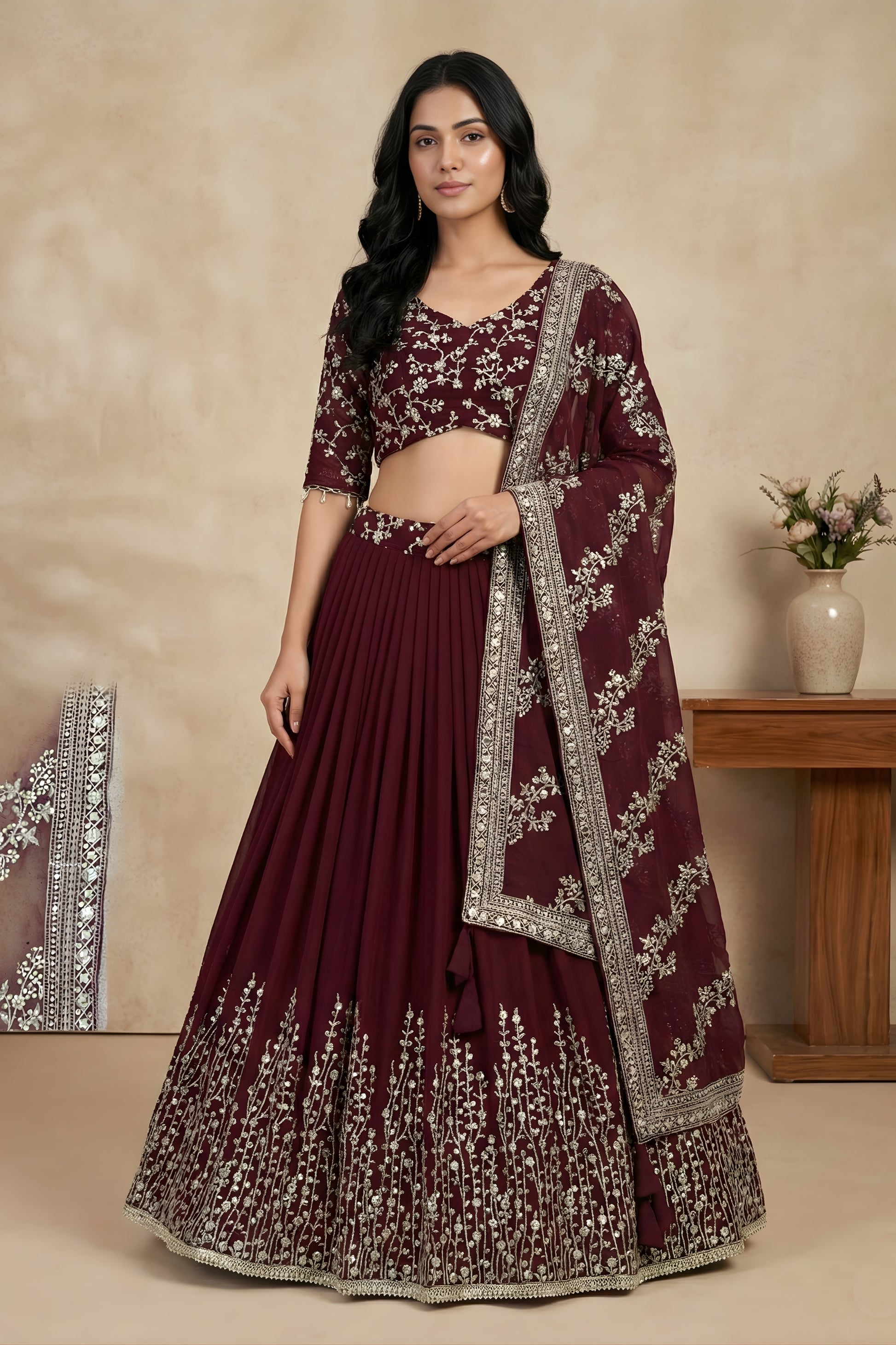 Elegant Maroon Faux Georgette Embroidered Lehenga Choli with Dupatta for Wedding