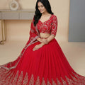 Designer Red Faux Georgette Embroidered Lehenga Choli with Dupatta for Wedding