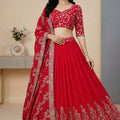 Designer Red Faux Georgette Embroidered Lehenga Choli with Dupatta for Wedding