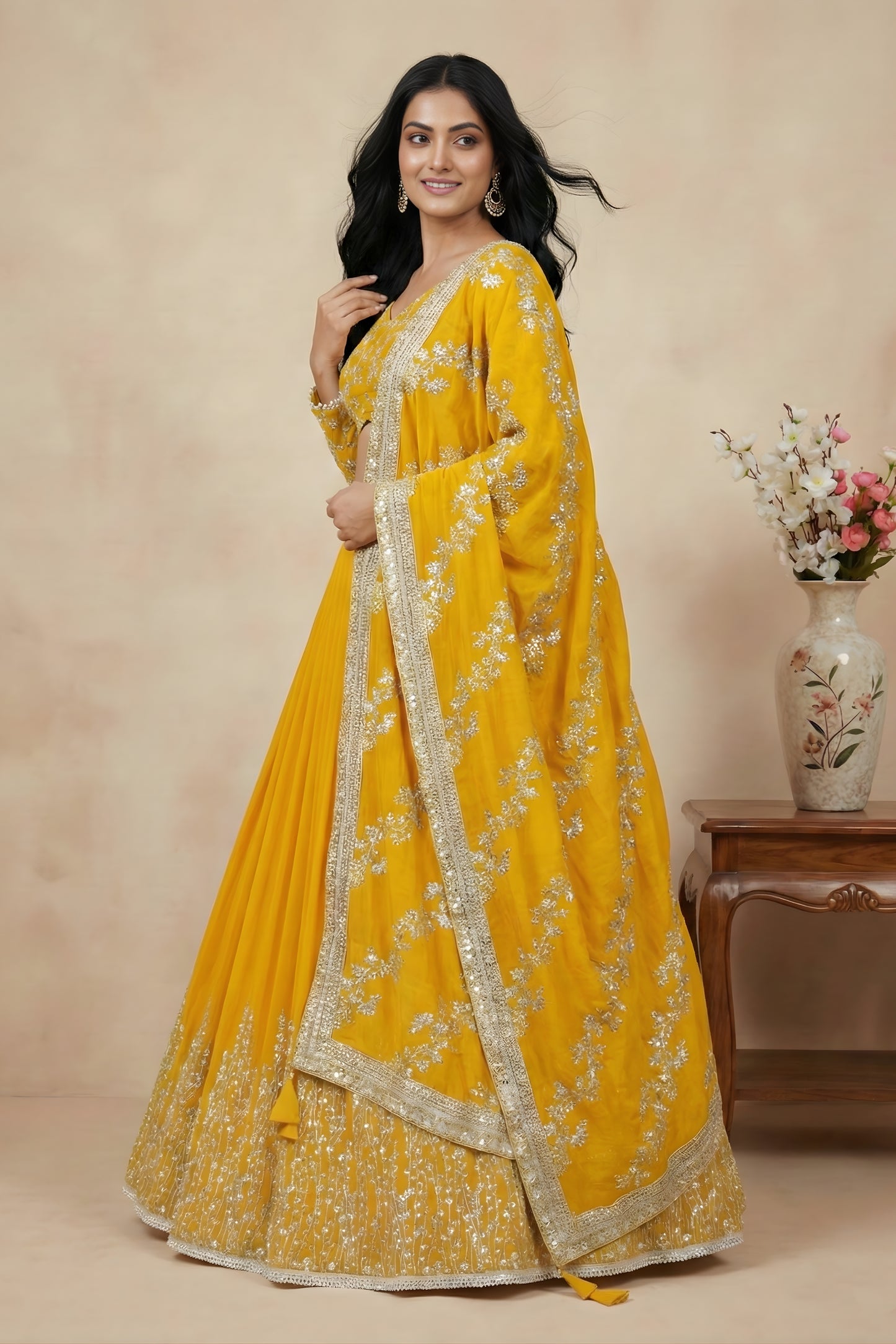 Vibrant Yellow Faux Georgette Embroidered Lehenga Choli with Dupatta for Wedding