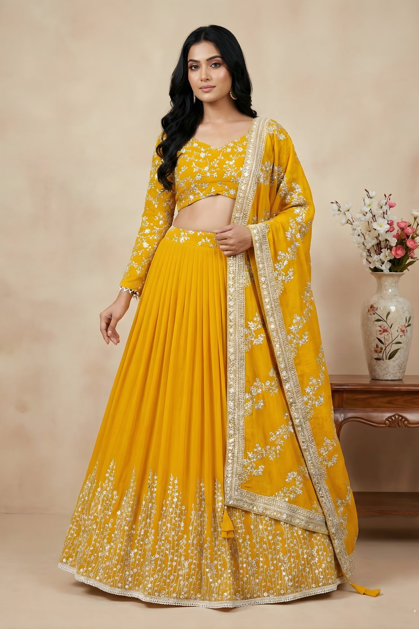 Vibrant Yellow Faux Georgette Embroidered Lehenga Choli with Dupatta for Wedding