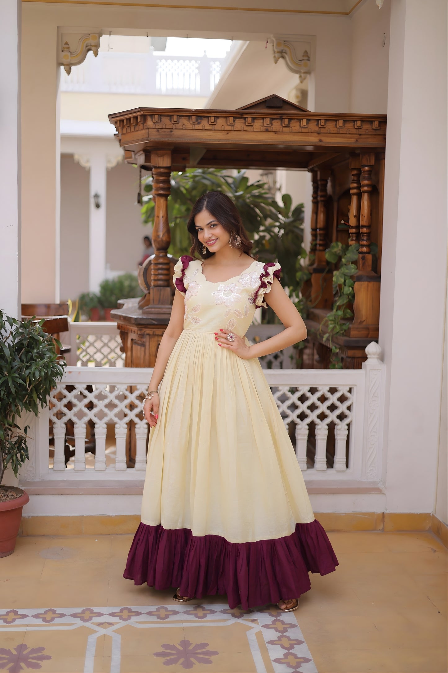Stylish Off-White Cotton Embroidered Gown With Beads and Sequins Work