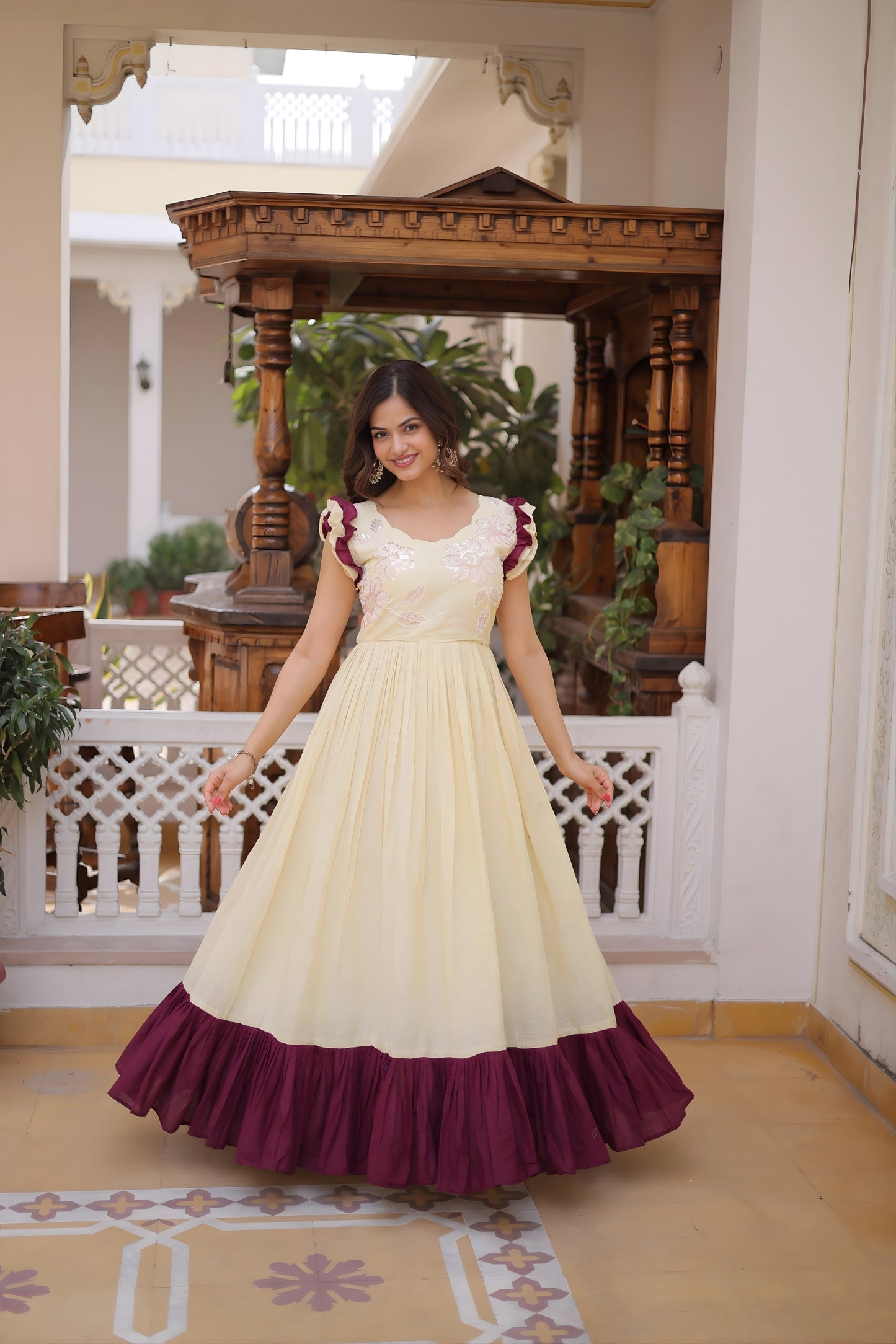 Stylish Off-White Cotton Embroidered Gown With Beads and Sequins Work
