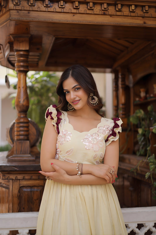 Stylish Off-White Cotton Embroidered Gown With Beads and Sequins Work