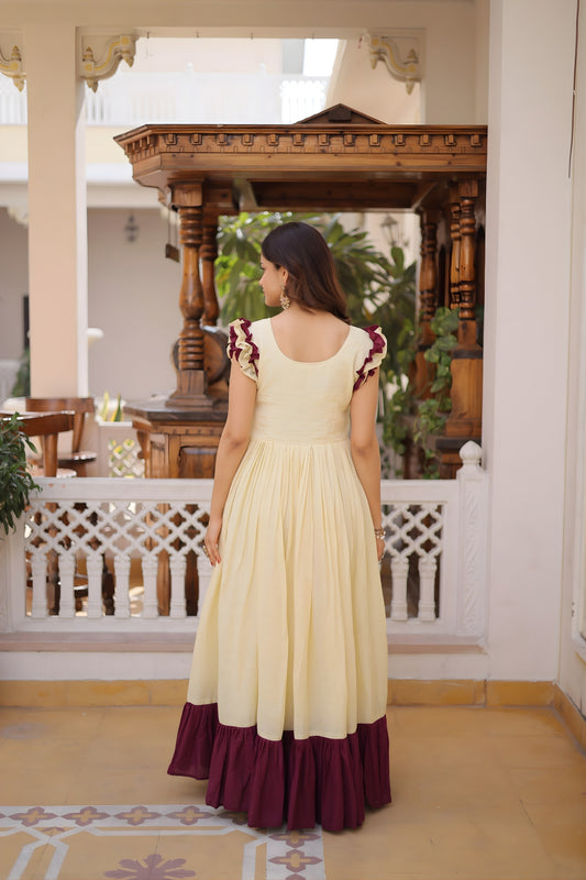 Stylish Off-White Cotton Embroidered Gown With Beads and Sequins Work