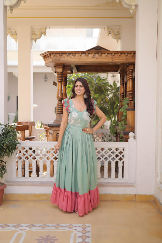 Cool Sky Blue Cotton Embroidered Gown With Beads and Sequins Work