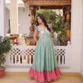 Cool Sky Blue Cotton Embroidered Gown With Beads and Sequins Work