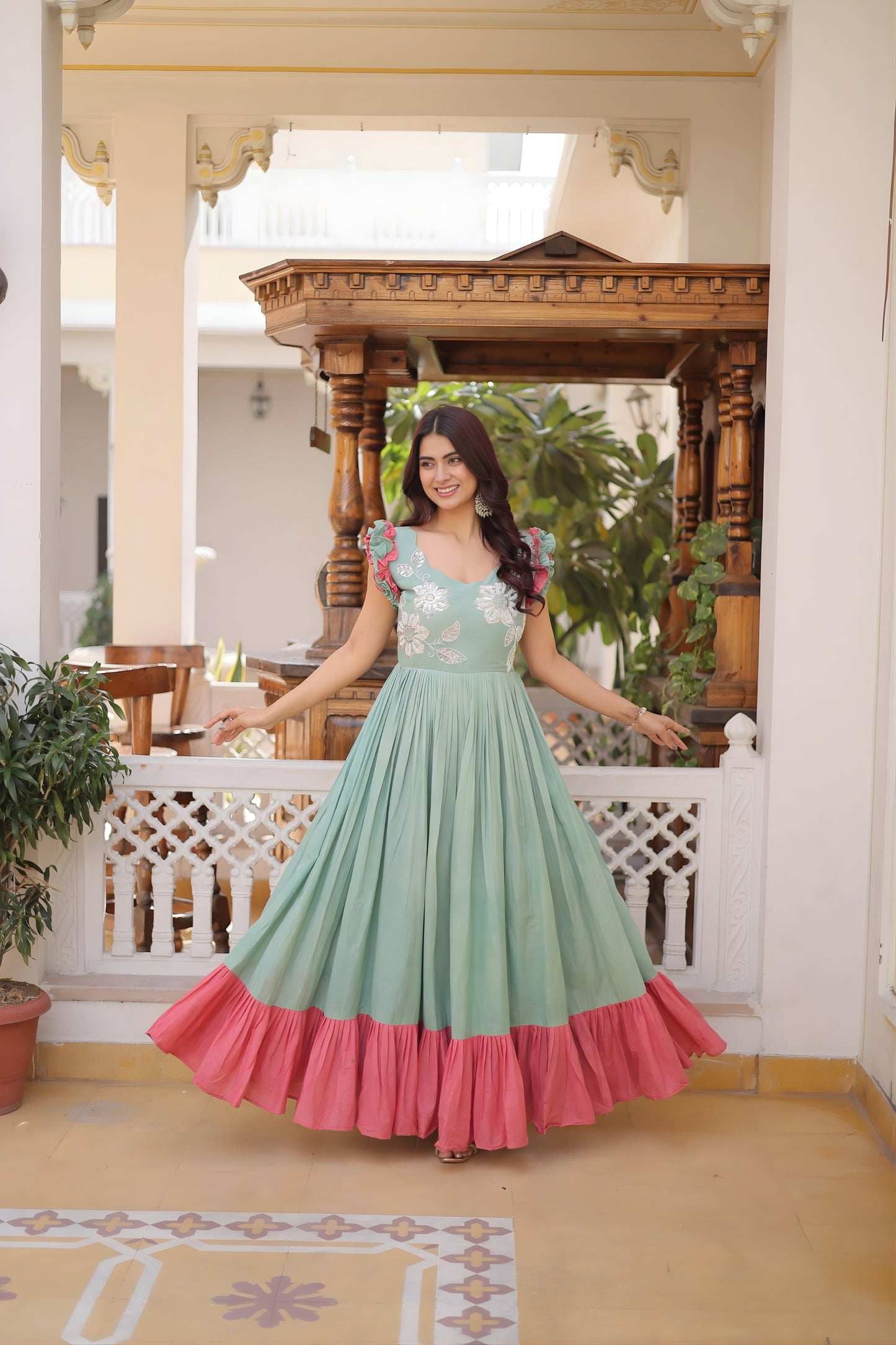 Cool Sky Blue Cotton Embroidered Gown With Beads and Sequins Work