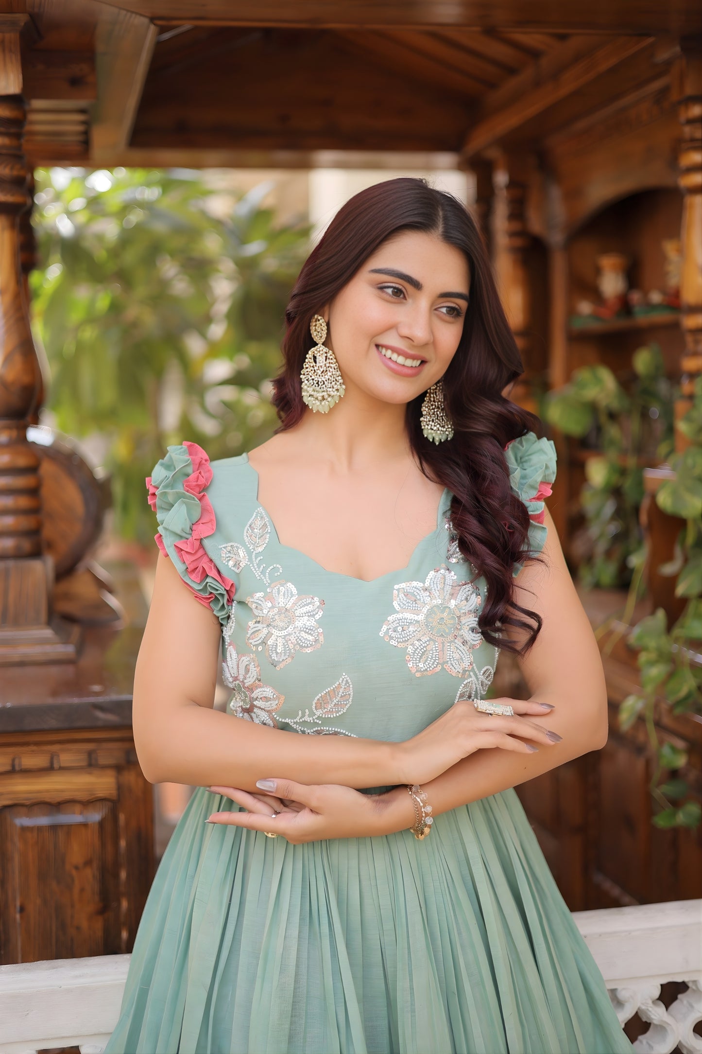 Cool Sky Blue Cotton Embroidered Gown With Beads and Sequins Work