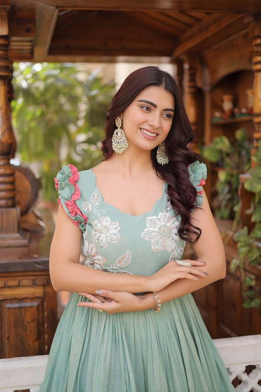 Cool Sky Blue Cotton Embroidered Gown With Beads and Sequins Work