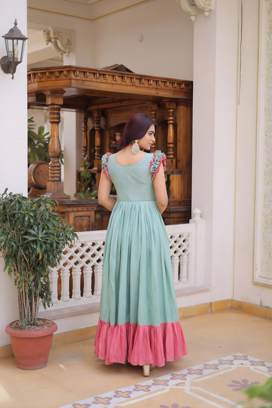 Cool Sky Blue Cotton Embroidered Gown With Beads and Sequins Work
