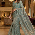 Sea Green Embroidered Net Saree with Designer Blouse Party Wear