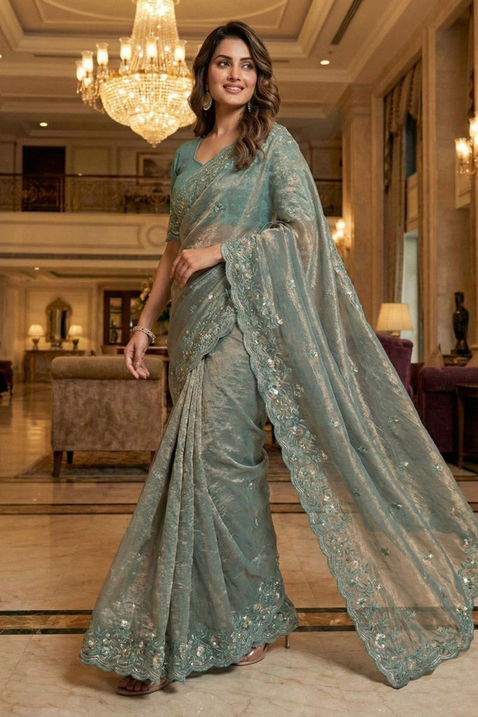 Sea Green Embroidered Net Saree with Designer Blouse Party Wear