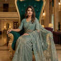 Sea Green Embroidered Net Saree with Designer Blouse Party Wear