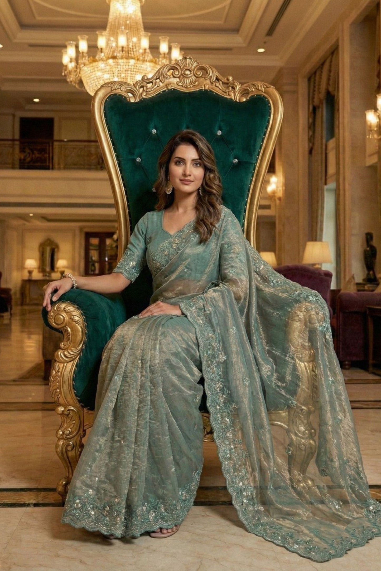 Sea Green Embroidered Net Saree with Designer Blouse Party Wear
