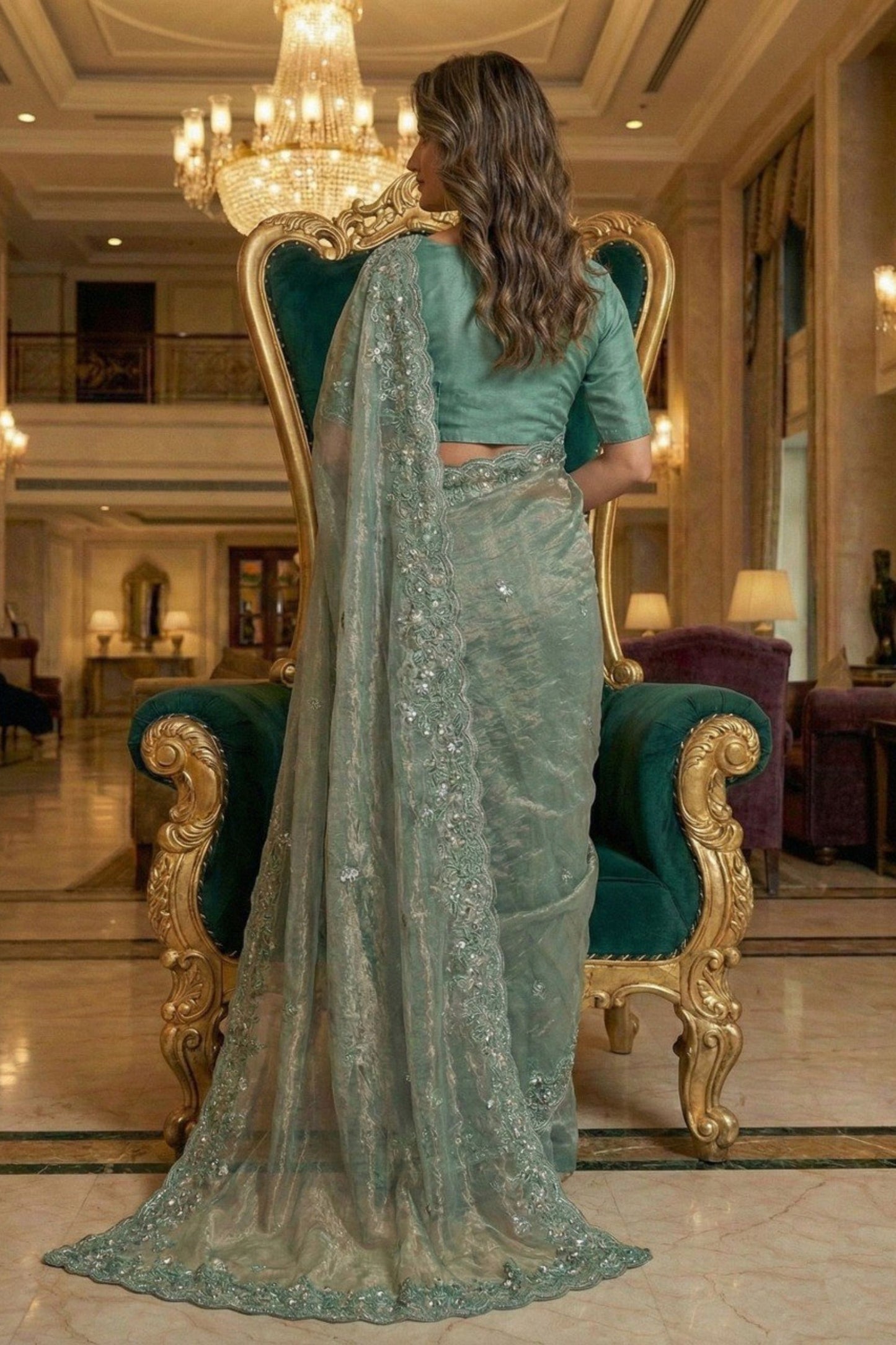 Sea Green Embroidered Net Saree with Designer Blouse Party Wear