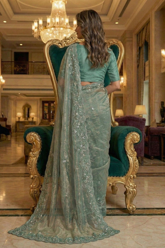 Sea Green Embroidered Net Saree with Designer Blouse Party Wear
