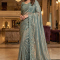 Sea Green Embroidered Net Saree with Designer Blouse Party Wear