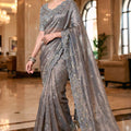 Grey Embroidered Silk Blend Saree with Designer Blouse Party Wear