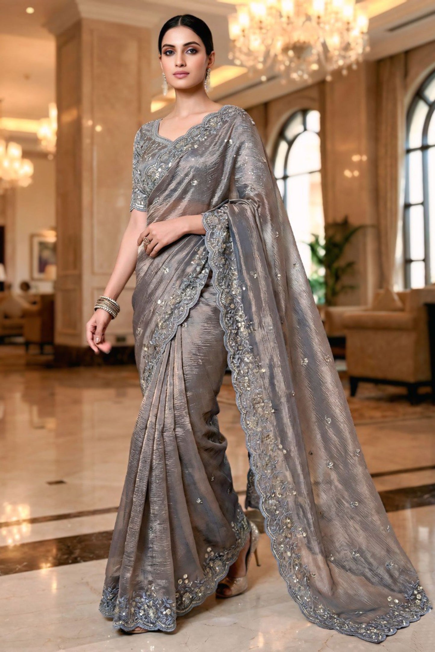 Grey Embroidered Silk Blend Saree with Designer Blouse Party Wear