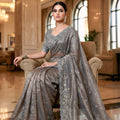 Grey Embroidered Silk Blend Saree with Designer Blouse Party Wear