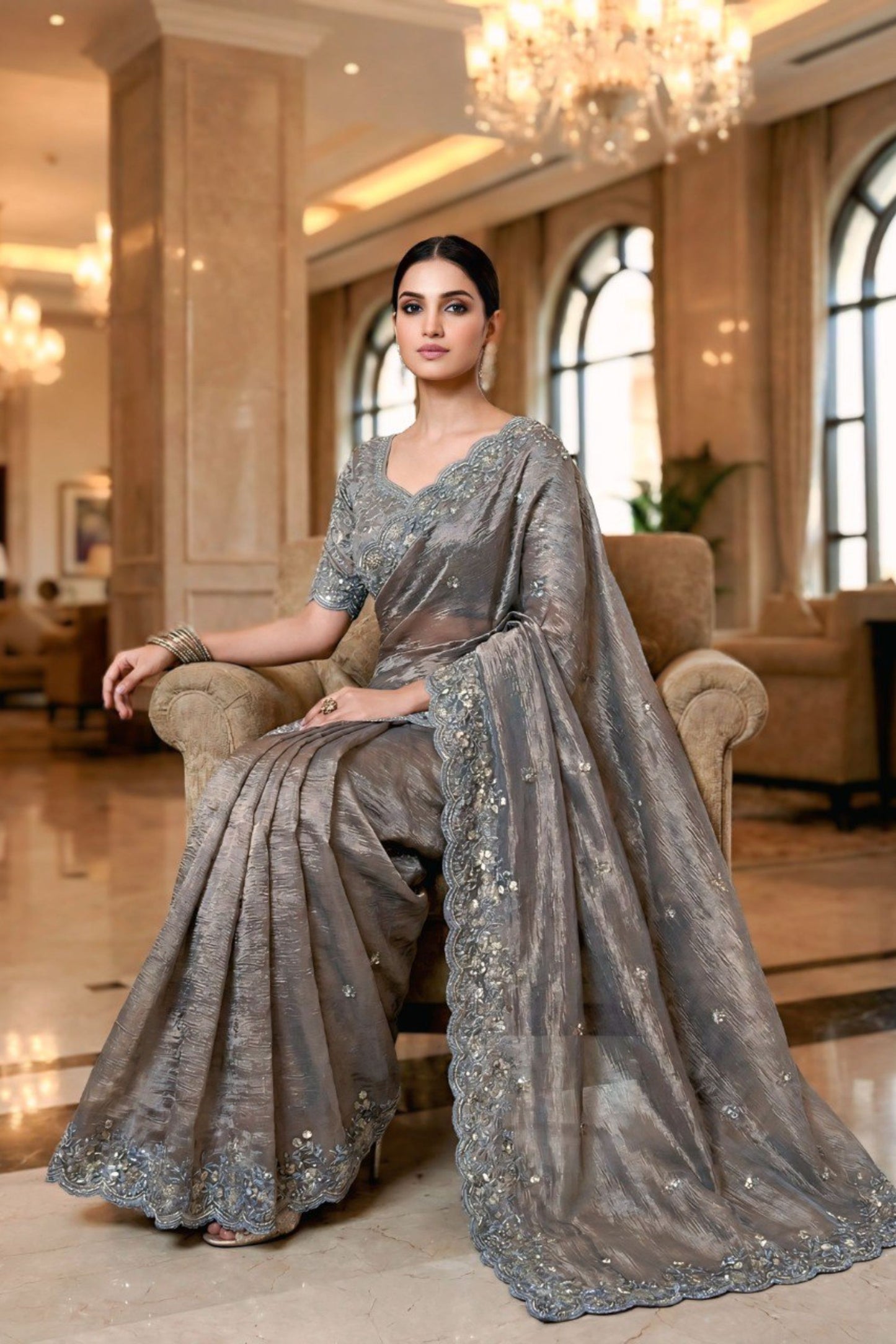 Grey Embroidered Silk Blend Saree with Designer Blouse Party Wear