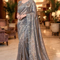 Grey Embroidered Silk Blend Saree with Designer Blouse Party Wear