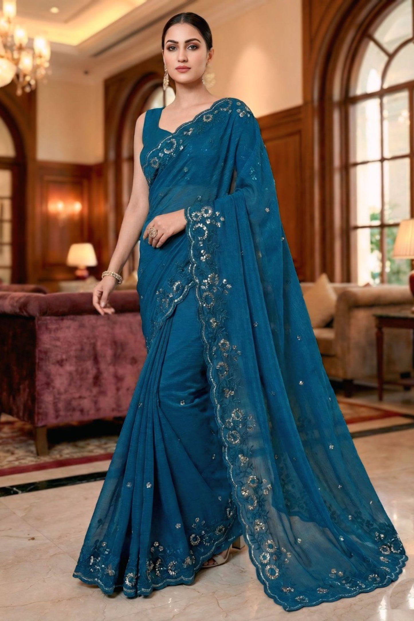 Teal Blue Embroidered Georgette Saree Party Wear Saree