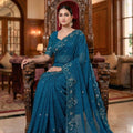 Teal Blue Embroidered Georgette Saree Party Wear Saree