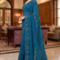 Teal Blue Embroidered Georgette Saree Party Wear Saree