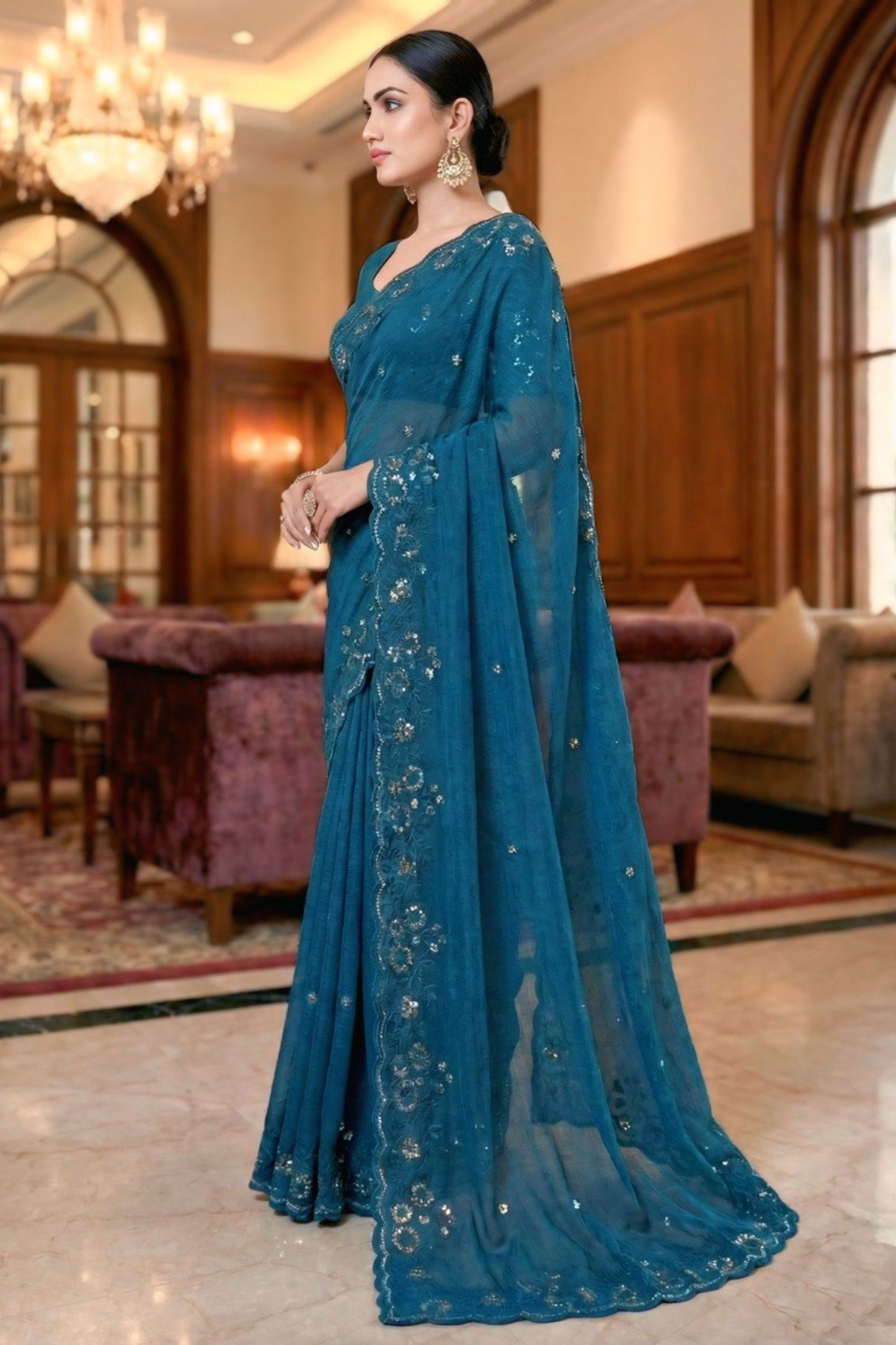 Teal Blue Embroidered Georgette Saree Party Wear Saree