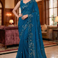Teal Blue Embroidered Georgette Saree Party Wear Saree