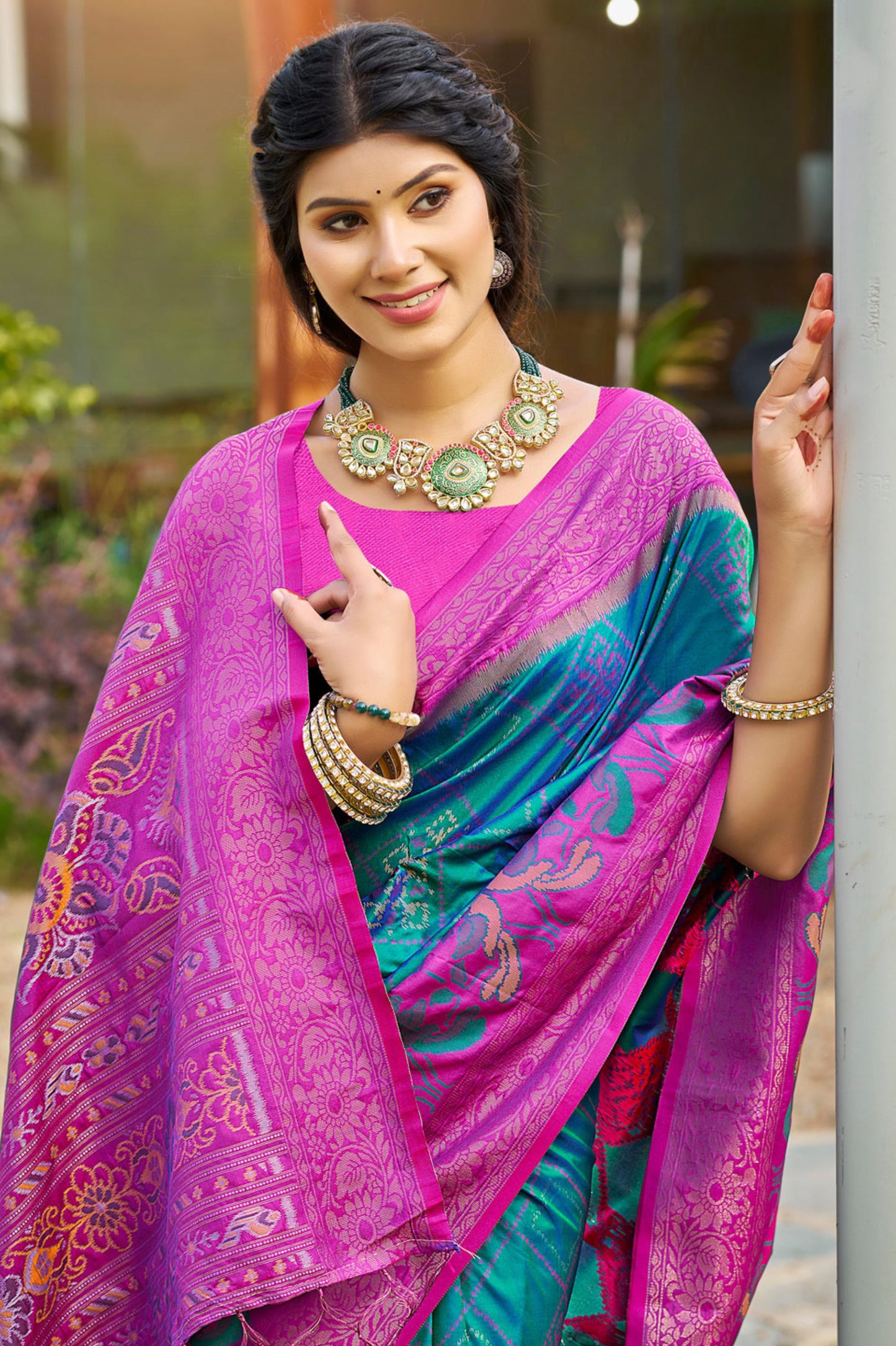 Teal Green and Magenta Banarasi Silk Saree with Rich Zari Woven Border