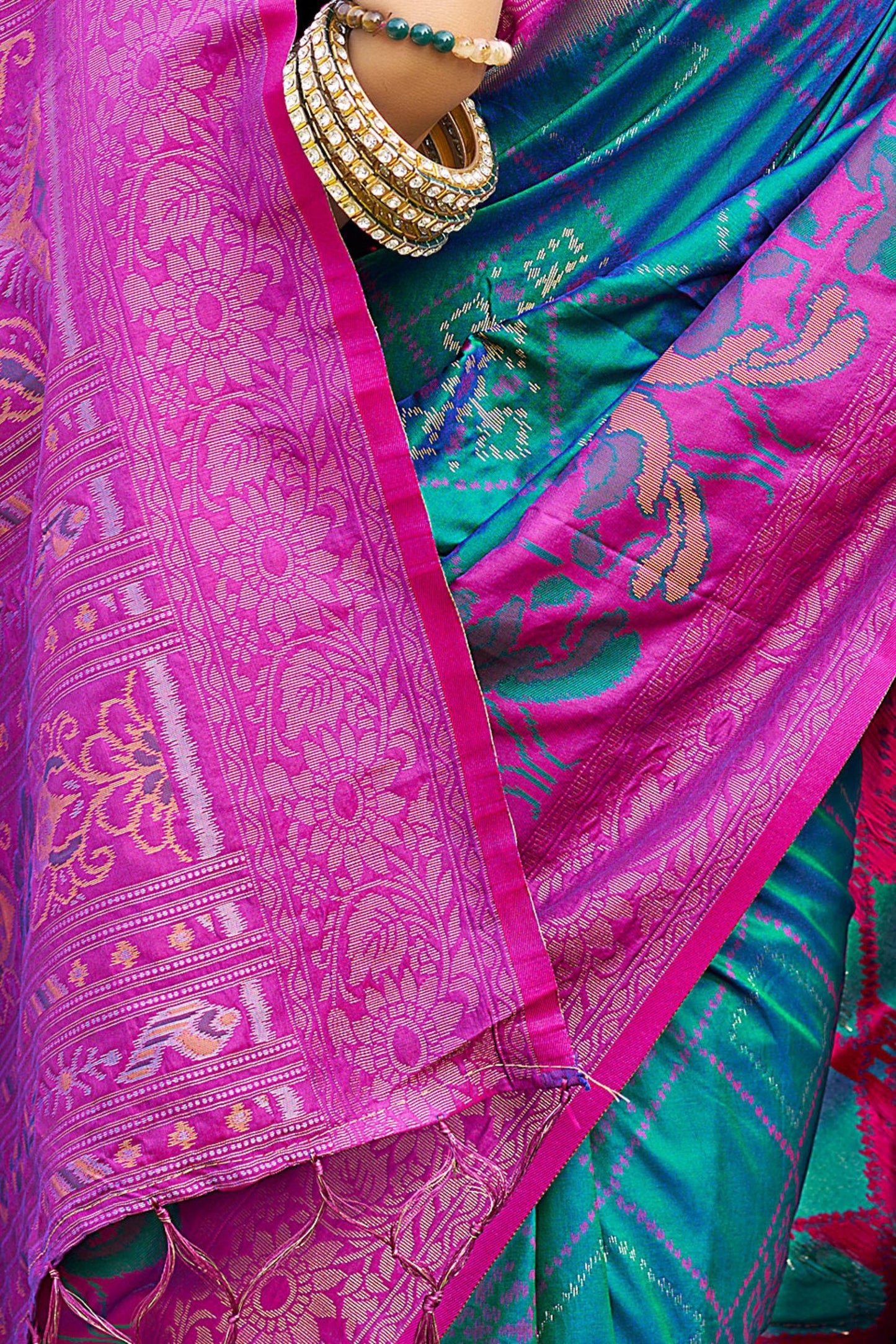 Teal Green and Magenta Banarasi Silk Saree with Rich Zari Woven Border