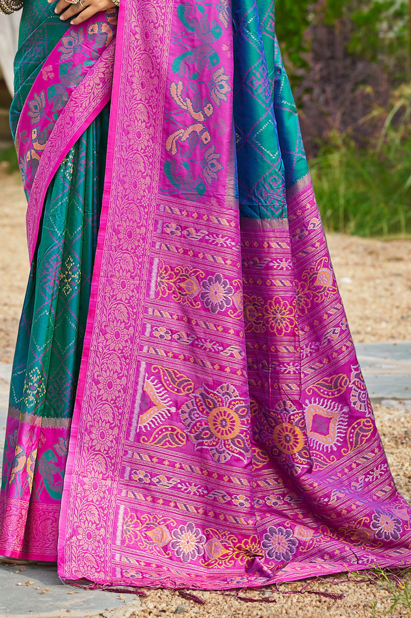 Teal Green and Magenta Banarasi Silk Saree with Rich Zari Woven Border