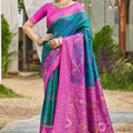 Teal Green and Magenta Banarasi Silk Saree with Rich Zari Woven Border