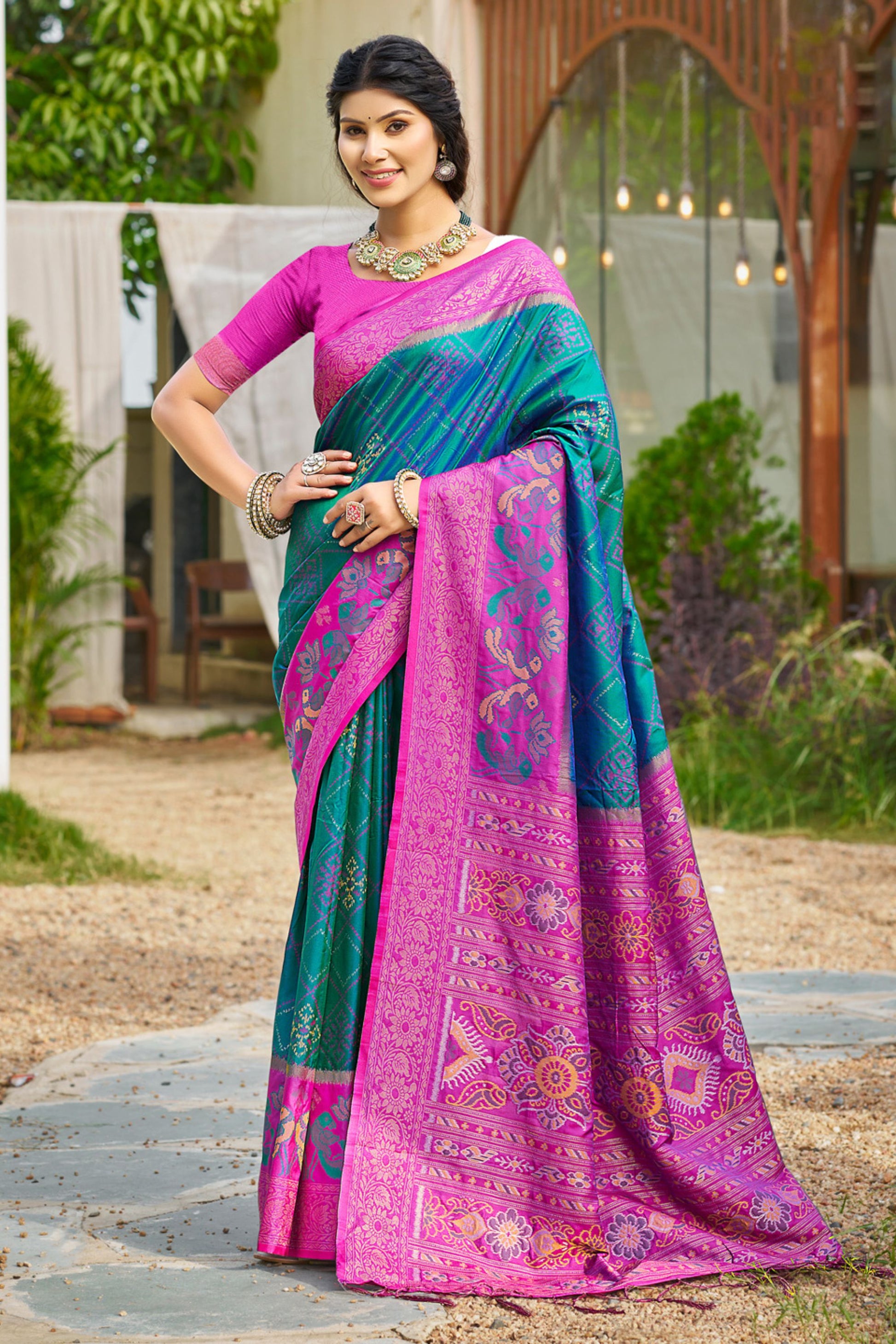 Teal Green and Magenta Banarasi Silk Saree with Rich Zari Woven Border