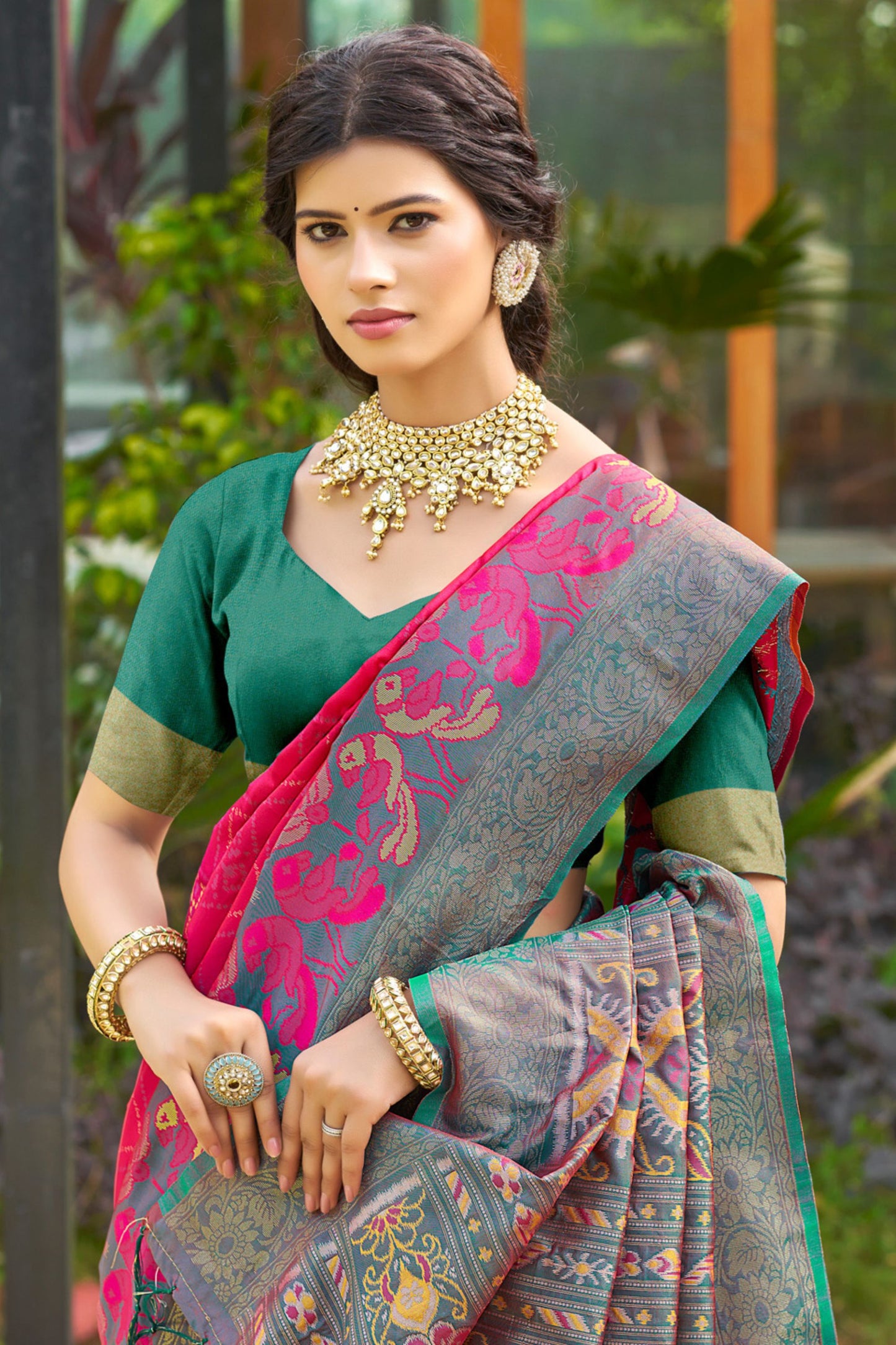 Rani Pink and Green Banarasi Silk Saree with Rich Zari Woven Border