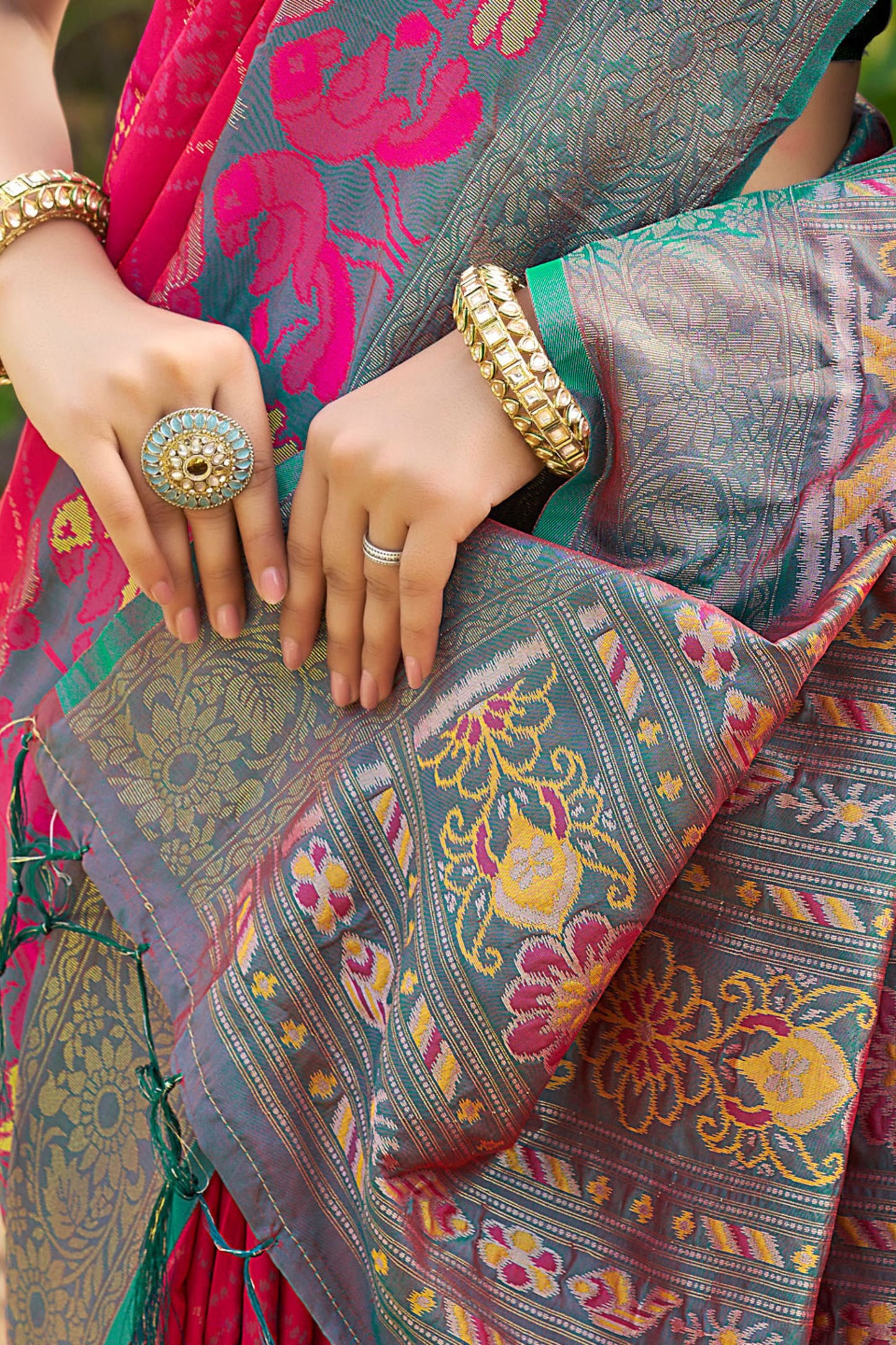 Rani Pink and Green Banarasi Silk Saree with Rich Zari Woven Border