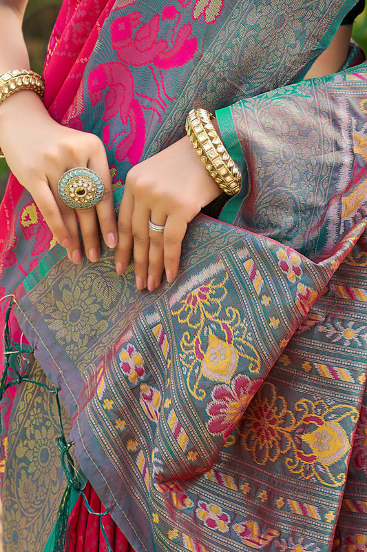 Rani Pink and Green Banarasi Silk Saree with Rich Zari Woven Border