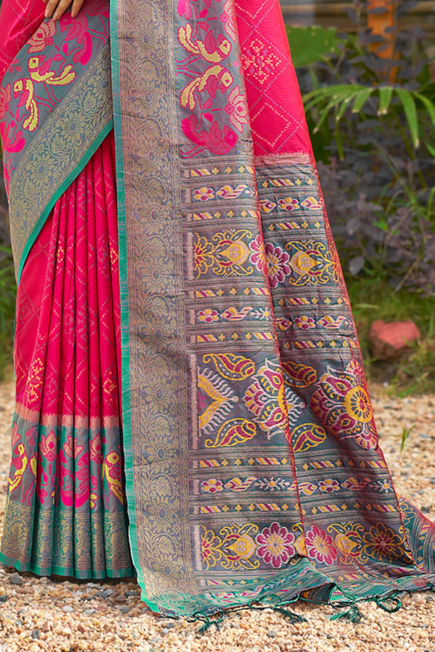 Rani Pink and Green Banarasi Silk Saree with Rich Zari Woven Border